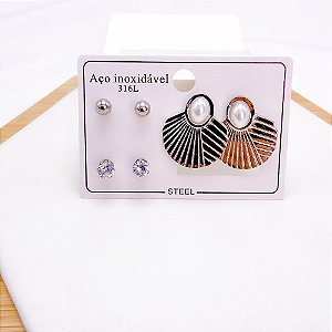 CARTELA BRINCO TRIO AÇO INOX LEQUE COM PÉROLA - DOURADO