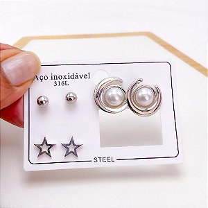 CARTELA BRINCO TRIO AÇO INOX REDONDO COM PÉROLA - PRATEADO