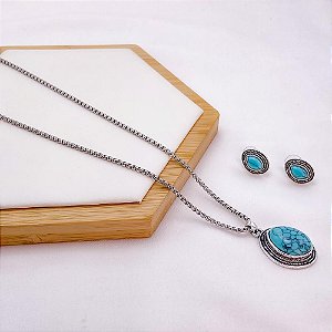 CONJUNTO COLAR  E BRINCO AÇO INOXIDÁVEL  ESTILO BOHO - PRATEADO