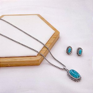 CONJUNTO COLAR  E BRINCO AÇO INOXIDÁVEL  ESTILO BOHO - PRATEADO