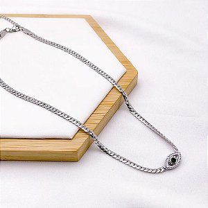 COLAR AÇO INOXIDÁVEL 45CM  SEMI RÍGIDO OLHO GREGO PEDRA VERDE - PRATEADO