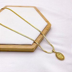 COLAR AÇO INOXIDÁVEL FITA 45CM PINGENTE NOSSA SENHORA DA CONCEIÇÃO - DOURADO