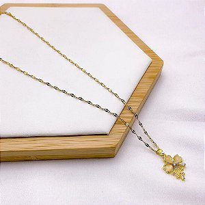 COLAR AÇO INOXIDÁVEL 45CM PINGENTE BANHADO FLOR PEROLADA - DOURADO