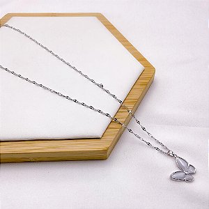 COLAR AÇO INOXIDÁVEL 45CM PINGENTE BANHADO BORBOLETA PEROLADA - PRATEADO
