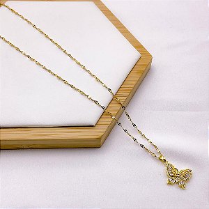 COLAR AÇO INOXIDÁVEL 45CM PINGENTE BANHADO BORBOLETA PEDRA CRISTAL - DOURADO