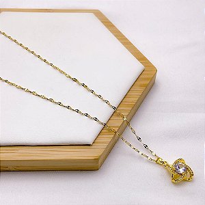 COLAR AÇO INOXIDÁVEL 45CM PINGENTE BANHADO GEOMETRICO PEDRA CRISTAL CRAVEJADO STRASS - DOURADO