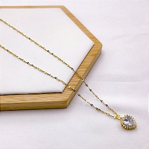 COLAR AÇO INOXIDÁVEL 45CM PINGENTE BANHADO CORAÇÃO PEDRA CRISTAL CRAVEJADO STRASS - DOURADO