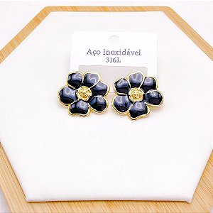 BRINCO AÇO INOX FLOR RESINADO DOURADO - PRETO