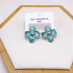 BRINCO AÇO INOX FLOR RESINADO PRATEADO - VERDE