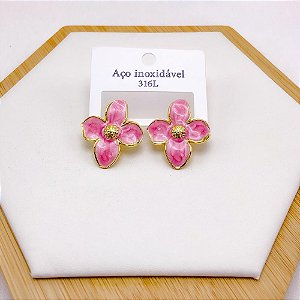 BRINCO AÇO INOX FLOR RESINADO DOURADO - ROSA