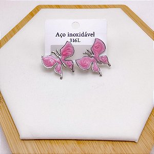 BRINCO AÇO INOX BORBOLETA RESINADO ROSA - PRATEADO