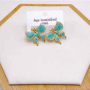 BRINCO AÇO INOX BORBOLETA RESINADO DOURADO - VERDE