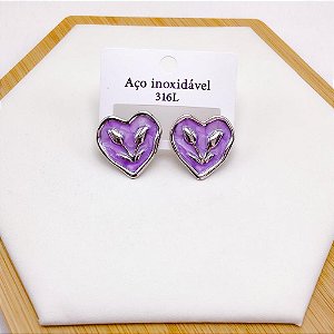 BRINCO AÇO INOX CORAÇÃO RESINADO LILÁS - PRATEADO
