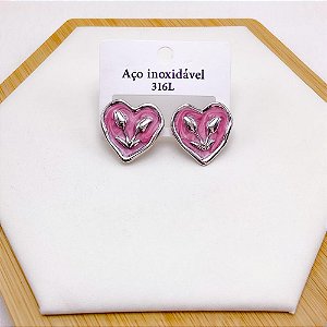 BRINCO AÇO INOX CORAÇÃO RESINADO ROSA - PRATEADO