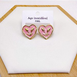 BRINCO AÇO INOX CORAÇÃO RESINADO ROSA - DOURADO