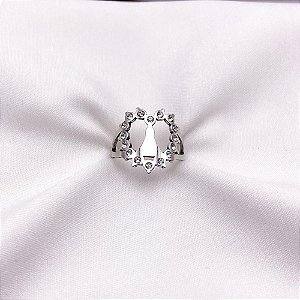 ANEL  AÇO INOXIDÁVEL NOSSA SENHORA CRAVEJADO PEDRA CRISTAL - PRATEADO