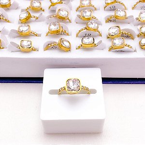 ANEL  AÇO INOXIDÁVEL CRAVEJADO PEDRA CRISTAL - DOURADO