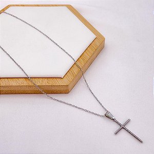 COLAR AÇO INOXIDÁVEL  45CM PINGENTE CRUZ - PRATEADO