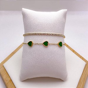 PULSEIRA AÇO INOX DUPLA CRISTAL E CORAÇÃO VERDE - DOURADA