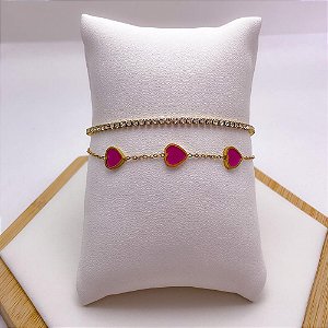 PULSEIRA AÇO INOX DUPLA CRISTAL E CORAÇÃO ROSA - DOURADA