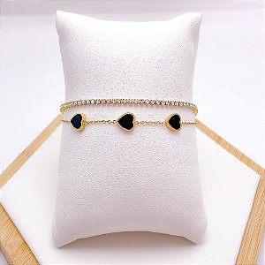 PULSEIRA AÇO INOX DUPLA CRISTAL E CORAÇÃO PRETO - DOURADA