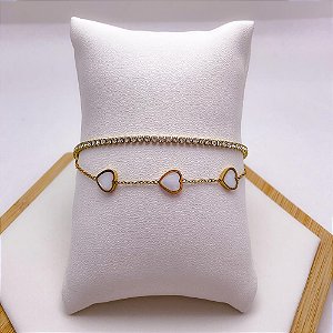 PULSEIRA AÇO INOX DUPLA CRISTAL E CORAÇÃO PEROLADO - DOURADA