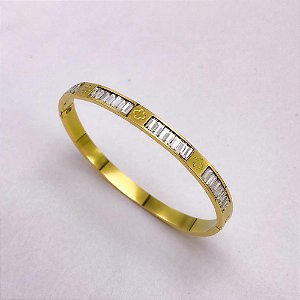 BRACELETE AÇO INOX TREVO CRAVEJADO NAVETE CRISTAL- DOURADO