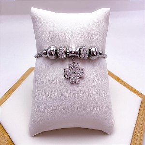 PULSEIRA  AÇO INOX ESTILO PANDORA BERLOQUE TREVO CRAVEJADO - PRATEADA