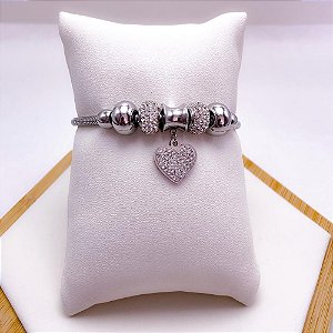 PULSEIRA  AÇO INOX ESTILO PANDORA BERLOQUE CORAÇÃO CRAVEJADO - PRATEADA