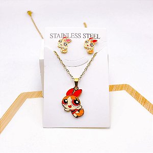 CONJUNTO COLAR  E BRINCO AÇO INOXIDÁVEL  MENINAS SUPER PODEROSAS - DOURADO