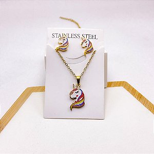 CONJUNTO COLAR  E BRINCO AÇO INOXIDÁVEL  UNICORNIO - DOURADO