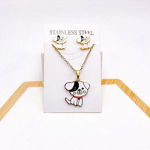 CONJUNTO COLAR  E BRINCO AÇO INOXIDÁVEL  CACHORRINHO - DOURADO