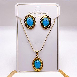 CONJUNTO COLAR E BRINCO AÇO INOXIDAVEL PEDRA TURQUESA - DOURADO