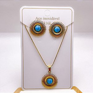 CONJUNTO COLAR E BRINCO AÇO INOXIDAVEL PINGENTE RAIOS DE SOL PEDRA TURQUESA - DOURADO