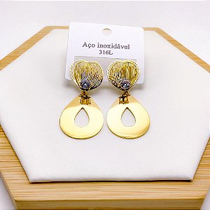 BRINCO AÇO INOX  FOLHA COM PEDRA CRISTAL - DOURADO