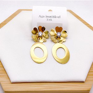 BRINCO AÇO INOX  FLOR COM PEDRA CRISTAL - DOURADO