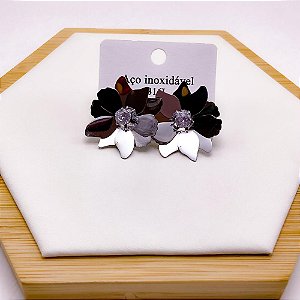 BRINCO AÇO INOX  FLOR COM PEDRA CRISTAL - PRATEADO