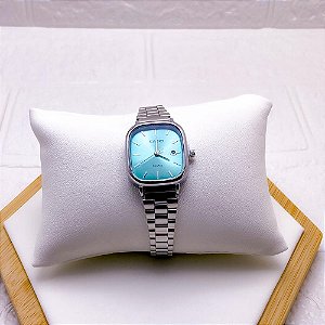 RELÓGIO VINTAGE AÇO INOXIDAVEL FEMININO FUNDO AZUL - PRATEADO