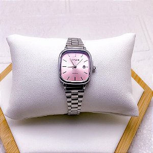 RELÓGIO VINTAGE AÇO INOXIDAVEL FEMININO FUNDO ROSA - PRATEADO