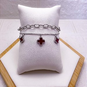 PULSEIRA DUPLA AÇO INOX PRATEADA - TREVO VERMELHO