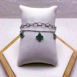 PULSEIRA DUPLA AÇO INOX PRATEADA - TREVO VERDE
