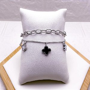 PULSEIRA DUPLA AÇO INOX PRATEADA - TREVO PRETO
