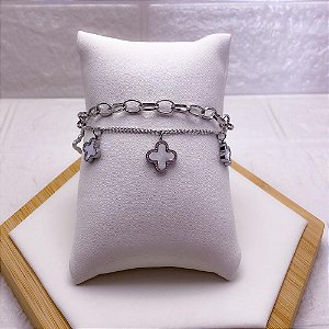 PULSEIRA DUPLA AÇO INOX PRATEADA - TREVO PEROLADO
