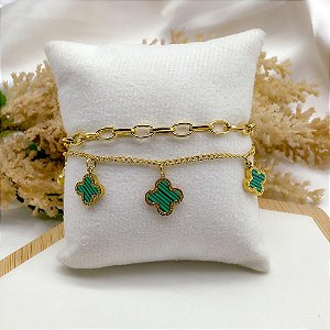 PULSEIRA DUPLA AÇO INOX DOURADA - TREVO VERDE