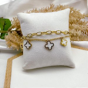 PULSEIRA DUPLA AÇO INOX DOURADA - TREVO PEROLADO
