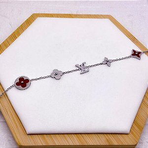 PULSEIRA AÇO INOX INSPIRE-SE TREVO VERMELHO  - PRATEADA