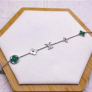 PULSEIRA AÇO INOX INSPIRE-SE TREVO VERDE  - PRATEADA