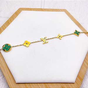 PULSEIRA AÇO INOX INSPIRE-SE TREVO VERDE  - DOURADA