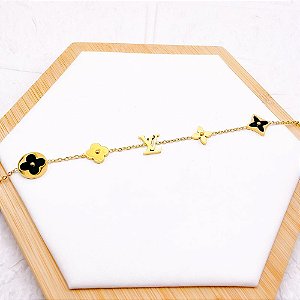 PULSEIRA AÇO INOX INSPIRE-SE TREVO PRETO  - DOURADA