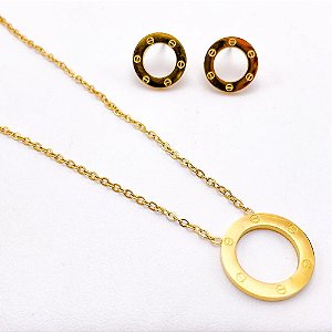 CONJUNTO COLAR  E BRINCO AÇO INOXIDÁVEL  INSPIRE-SE - DOURADO